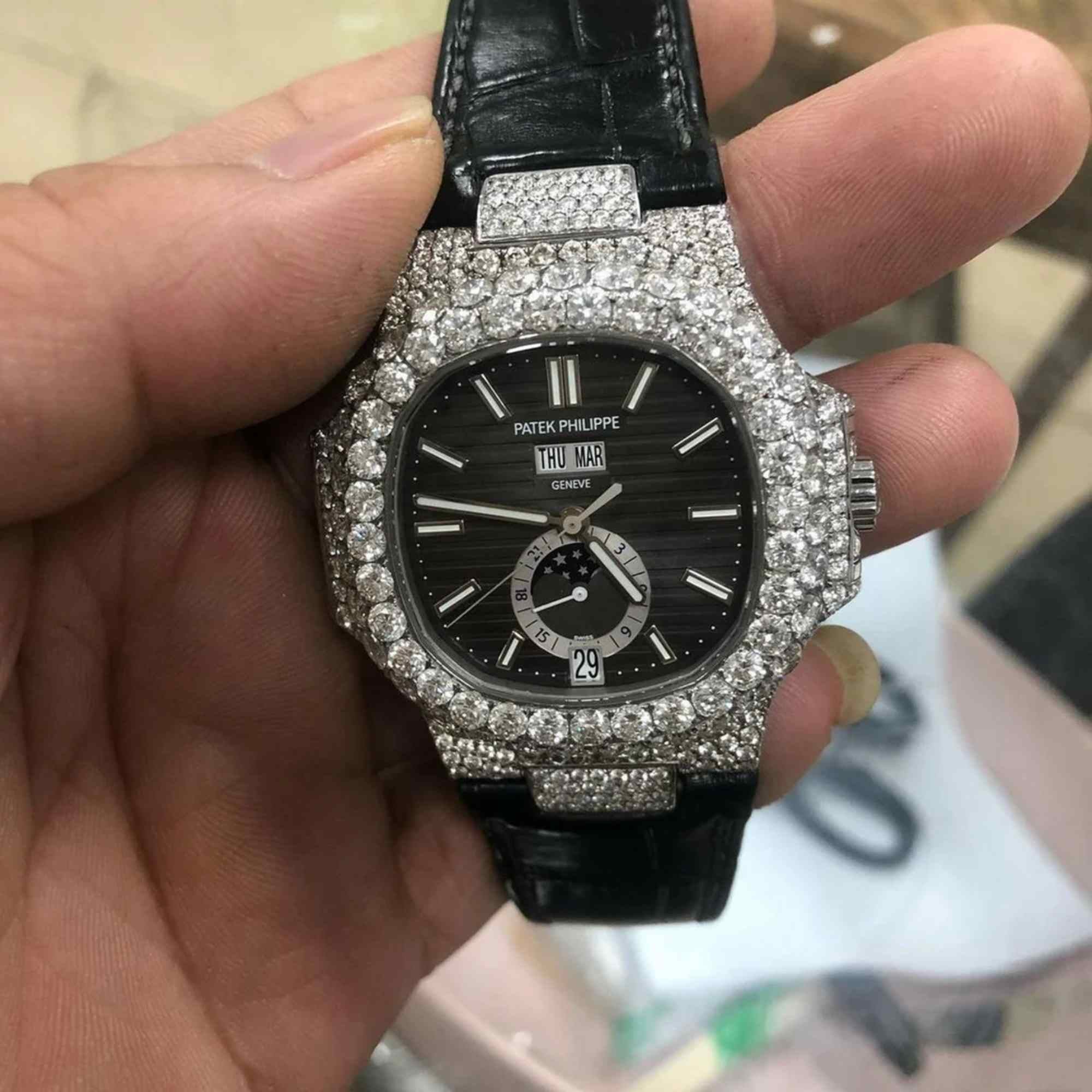 Patek Phillippe Black Dial Iced Out Moissanite Studded Watch Black Leather Belt Iced Out Gallery